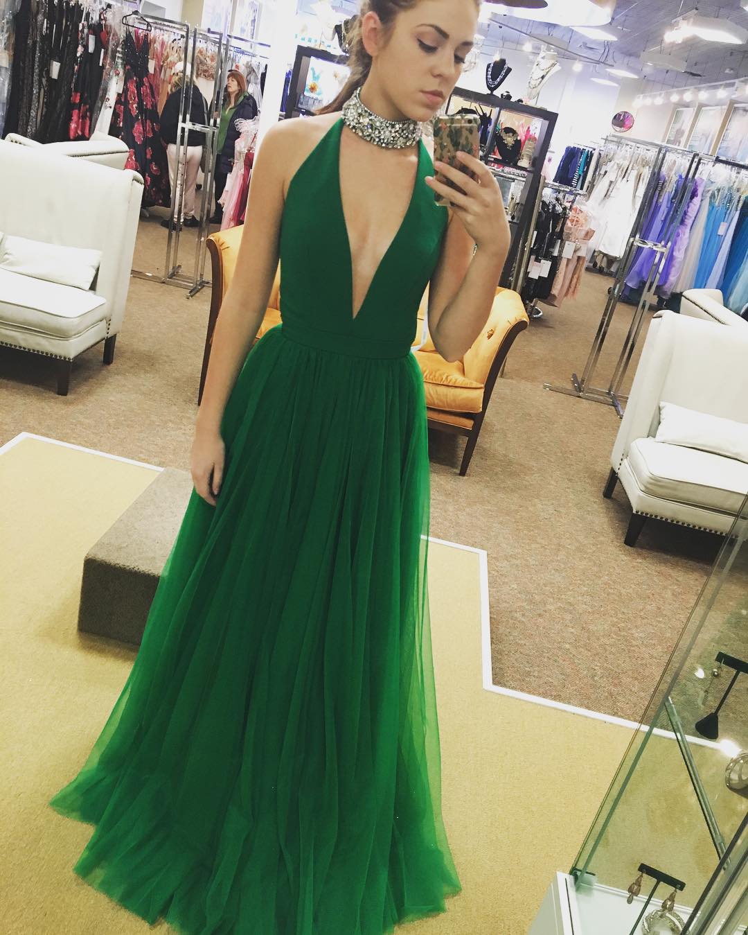 green high neck prom dress