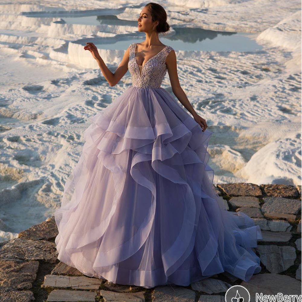Prom Ball Gown V Neck Prom Dress Beaded Prom Dress Light Purple