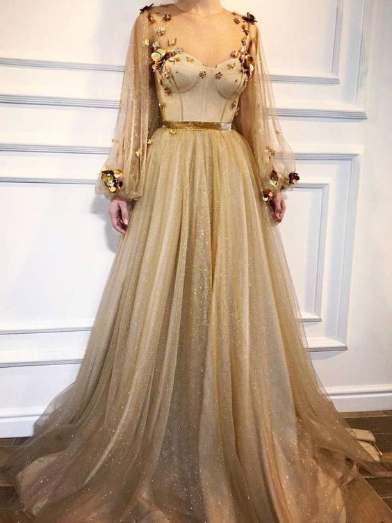 long sleeve gold prom dress