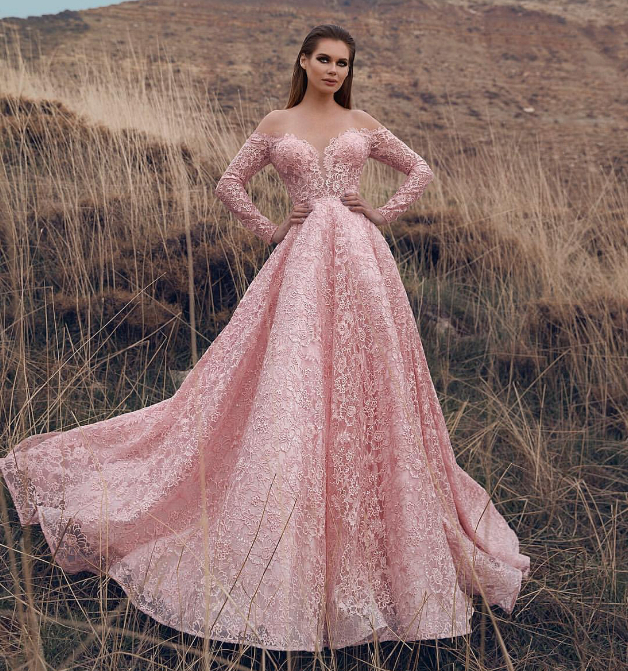 long sleeve pink evening gown