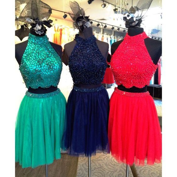 Two Piece Prom Dresses Short Beaded A Line Tulle Prom Gown Cocktail Party Dresses Vestidos De Gala