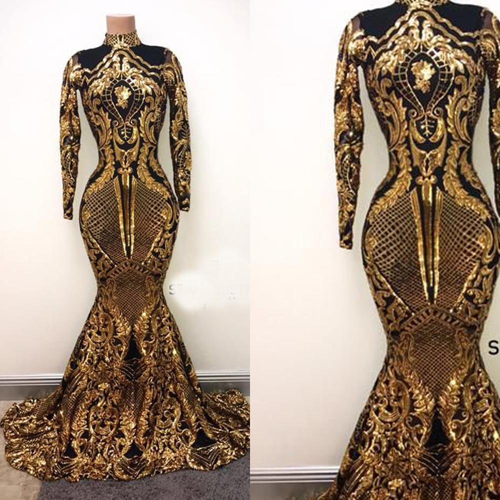 Luxury Black And Gold Evening Dresses High Neck Mermaid Sequin Applique Evening Gown Long Custom Make Formal Dress