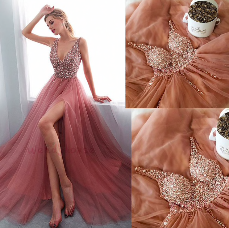  2020  Dusty Pink Prom Dresses  Long Deep V Neck Beaded 