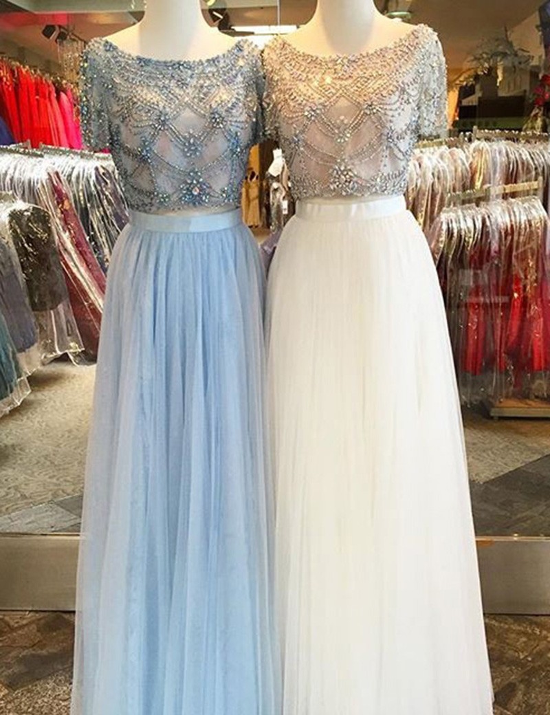 2 Piece Prom Dresses 2022 Beaded Cap Sleeve Crystals Elegant Tulle Prom Gown Robe De Soiree 2023