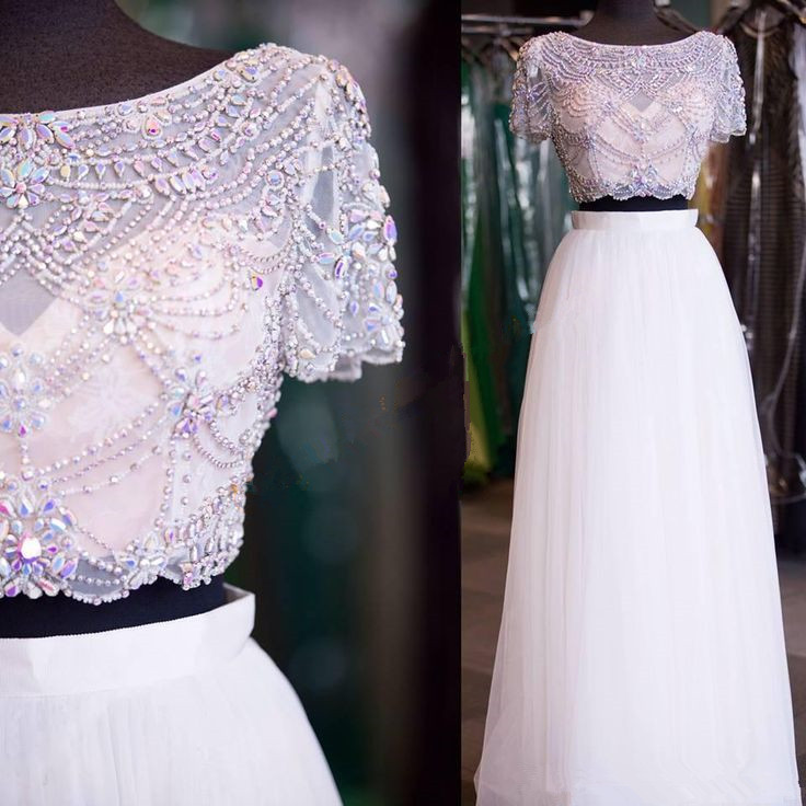 2 Piece Prom Dresses 2022 Crystals Beaded Elegant Cap Sleeve White Prom Gown Vestido De Festa De Longo 2023