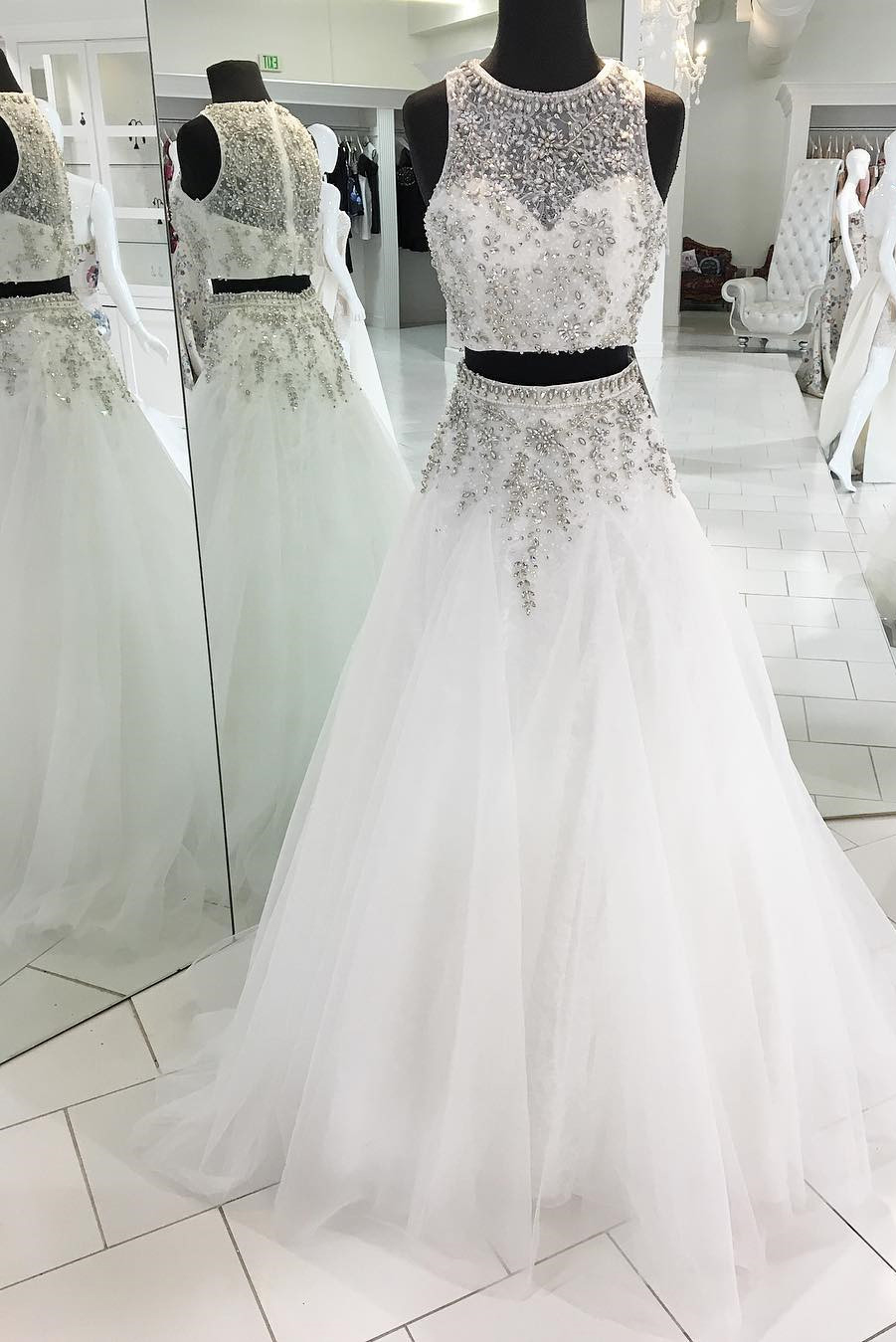 White Prom Dresses, 2 Piece Prom Dresses, Lace Applique Prom Dress, Halter Prom  Dresses, 2023 Prom D on Luulla