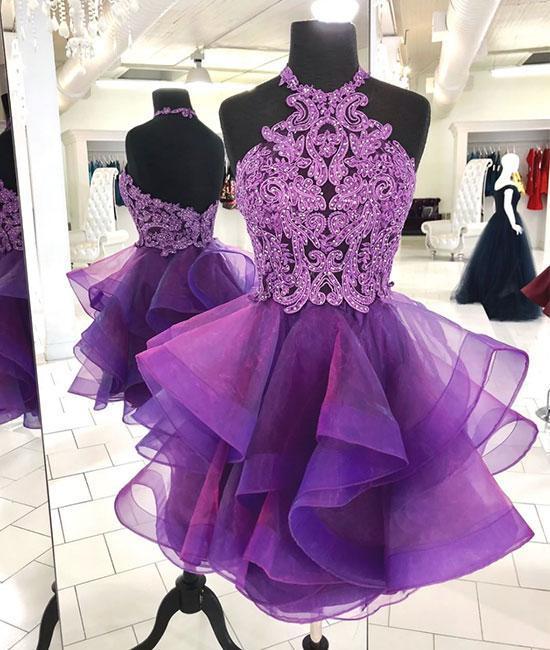 Short Homecoming Dresses 2023 Purple Lace Applique Beaded Tiered Graduation Dress Prom Gown 2024