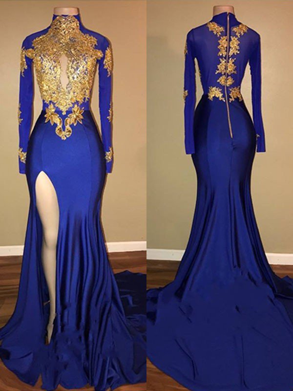 2023 Robe De Soiree Royal Blue Evening Dresses Long Sleeve Lace Applique Elegant Mermaid Evening Gowns 2024 Vestido De Festa De Longo