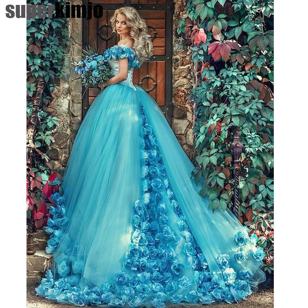Ball Gown Wedding Dresses 2020 Blue Handmade Flowers Off The Ball Gown Wedding Dresses 2020 Blue