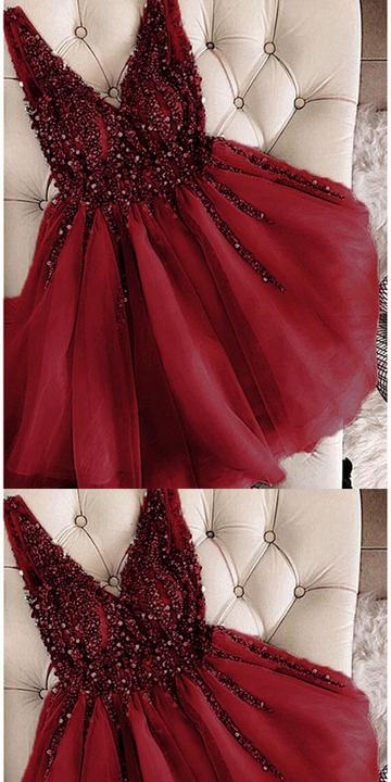 Burgundy Prom Dresses 2023 Short Beaded V Neck Crystals Sleeveless Elegant Prom Gown Vestido De Festa De Curto 2024