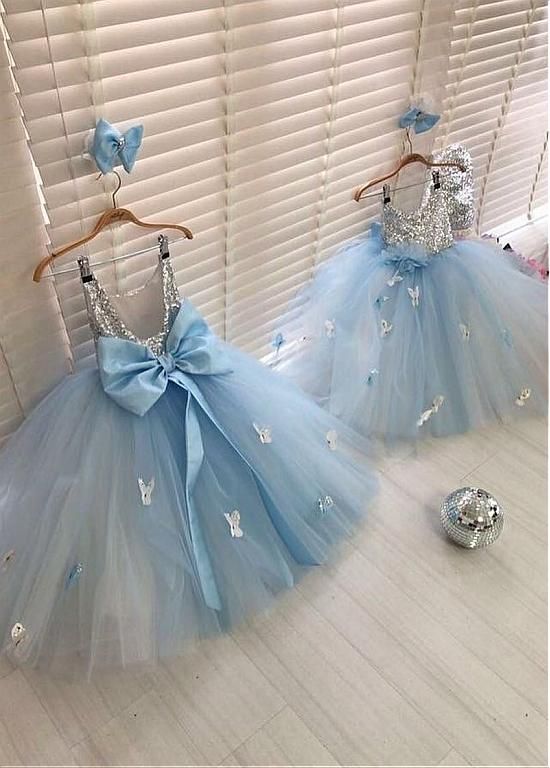 Blue Baby Girl Dresses For Birthday Party Dresses Sequin Sparkly Handmade Flowers Kids Prom Dress Ball Gown Vestido De Novia