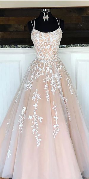 Dusty Pink Lace Applique Prom Dresses Long Scoop Neck Elegant A Line Prom Gown Vestido Elegantee