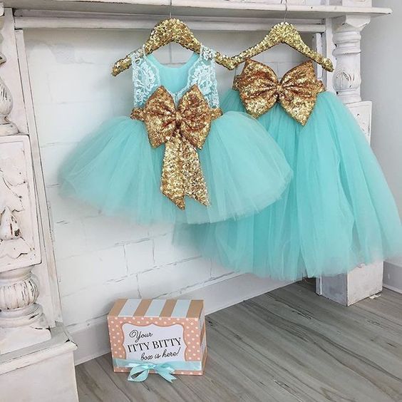 Turquoise Blue Toddle Little Girl Dresses 2023 Gold Sequin Cute Birthday Party Dresses For Baby Girls Flower Girl Dresses For Weddings 2024