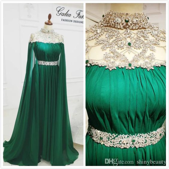 High Neck Crystals Prom Dresses Long Chiffon Green Beaded Dubai Caftan Prom Gown Vestido De Festa De Longo