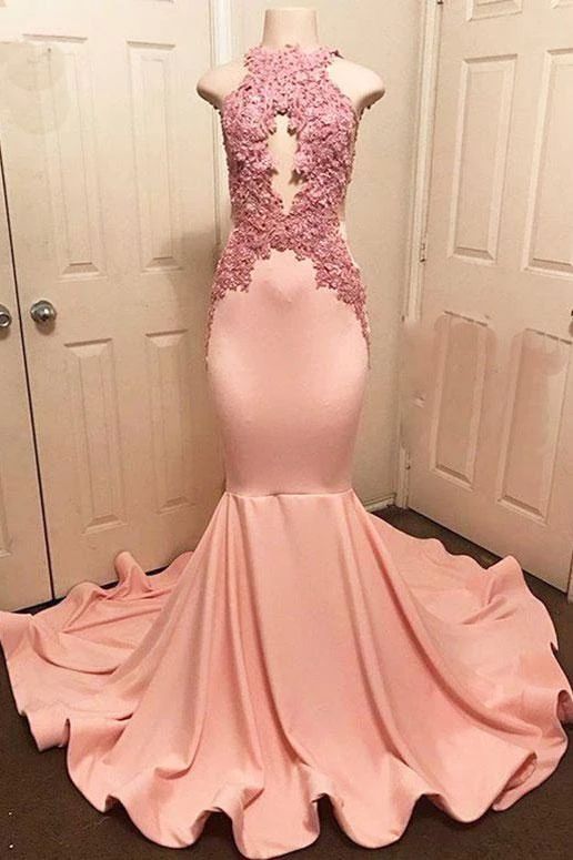 Pink Evening Dresses Long 2023 Satin Lace Applique Beaded Elegant Sleeveless Mermaid Evening Gown Formal Dresses 2024 Vestido De Festa De Longo