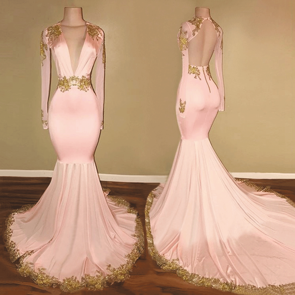 Vestidos Elegantes Para Mujer Modest Evening Dresses Long Sleeve Lace Applique Mermaid Backless Pink Sexy Formal Evening Gown Vestido De Longo