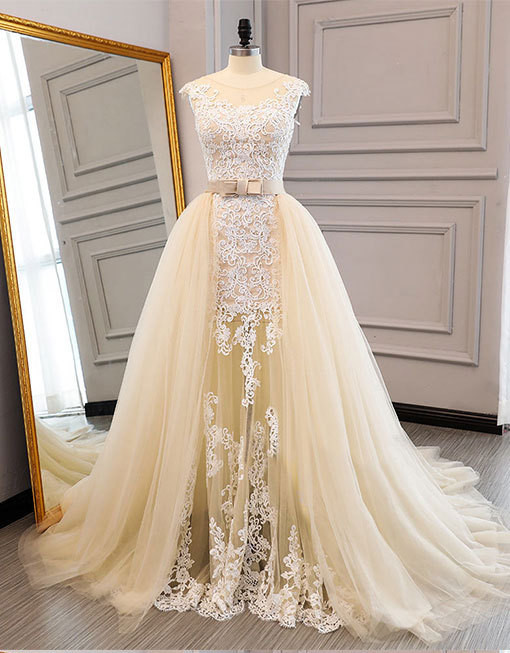 Vestidos De Nova Champagne Wedding Dresses With Detachable Train Lace Applique Cap Sleeve Elegant Modest Wedding Gown Robe De Mariee