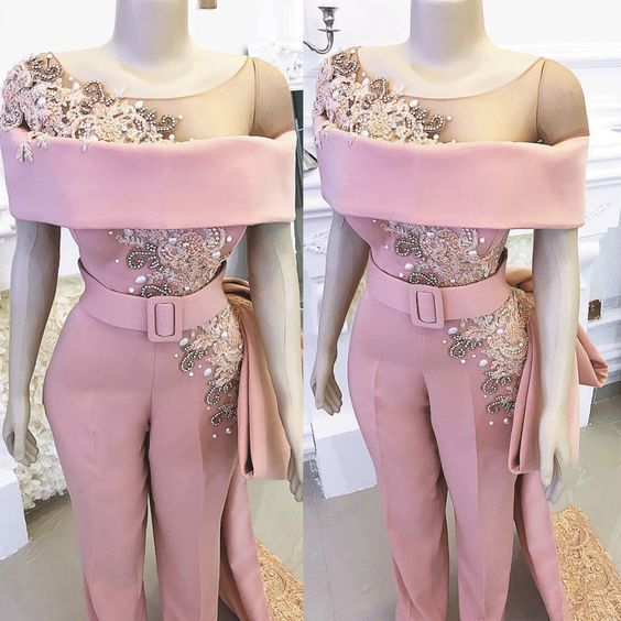 Dusty Pink Jumpsuits For Weddings 2023 Lace Applique Beaded Elegant Pants For Women Vestido De Longo Robe De Soiree 2024