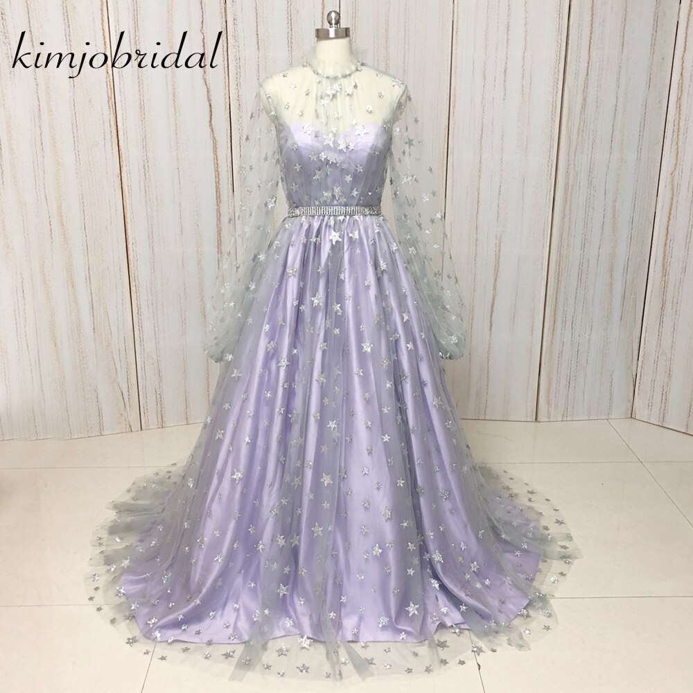 Lavender Beaded Prom Dresses 2023 Long Sleeve Starry Tulle Sparkly Elegant Prom Gown Vestido De Longo De Festa 2024