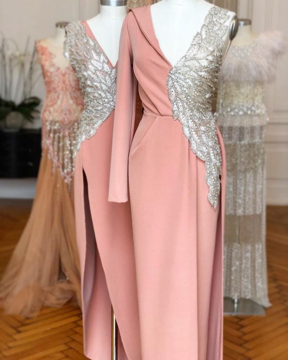 One Shoulder Luxury Evening Dresses Long V Neck Beaded Crystals Mermaid Elegant Evening Gown Vestido De Festa De Longo