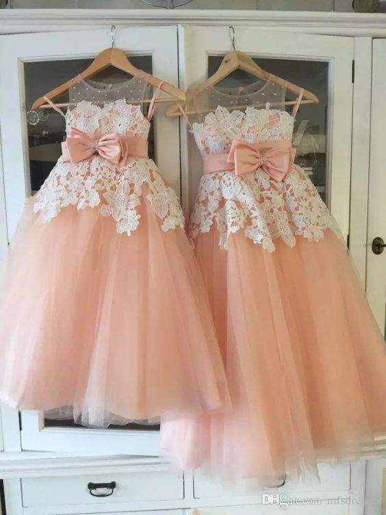 Lace Applique Flower Girl Dresses For Weddings Peach Cute Elegant Kids Baby Girl Prom Dresses Vestido De Flora