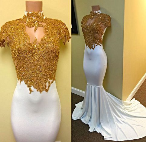High Neck Cap Sleeve Evening Dresses Long 2024 Mermaid Satin Gold Lace Applique Elegant White Modest Evening Gown Robe De Soiree 2023