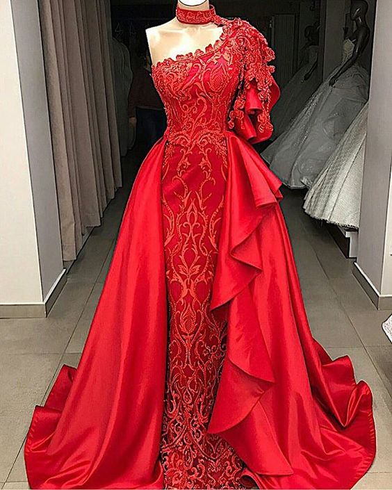 High Neck Red Evening Dresses Long 2024 Lace Applique Beaded Elegant Modest Evening Gown With Detachable Train Vestido De Festa De Longo 2023