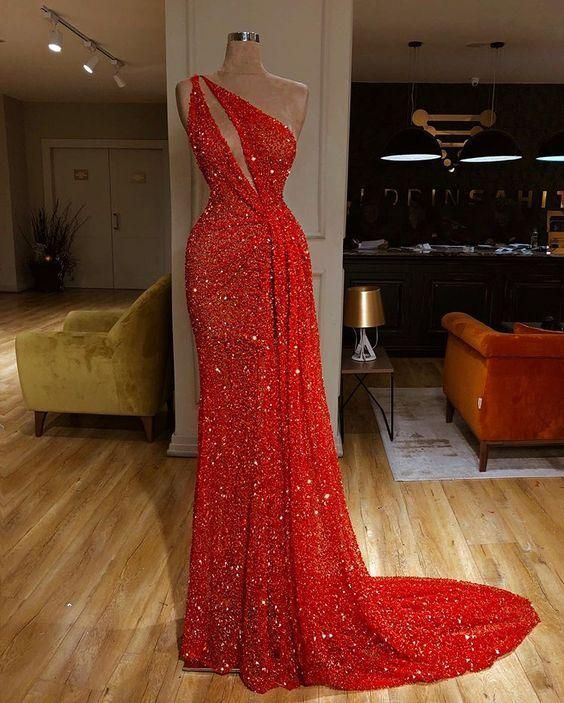 Sparkly Evening Dresses Long Mermaid Red One Shoulder Bling Bling Sexy Formal Dresses Evening Gown Vestidos De Fiesta