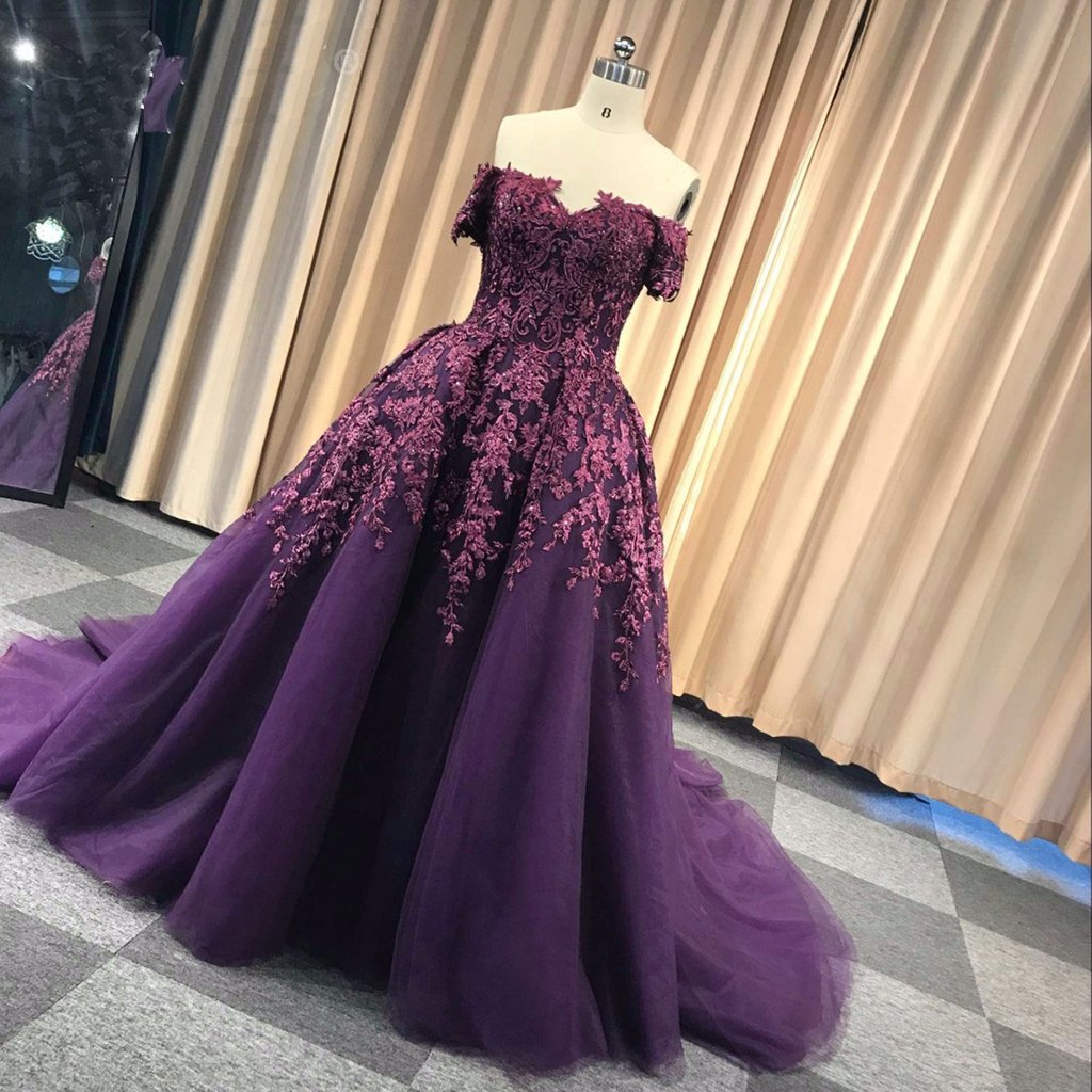Vestidos De Fiesta Deep Purple Prom Dresses Long Off The Shoulder Lace Appliqe Beaded Elegant Modest Prom Gown Robe De Soiree