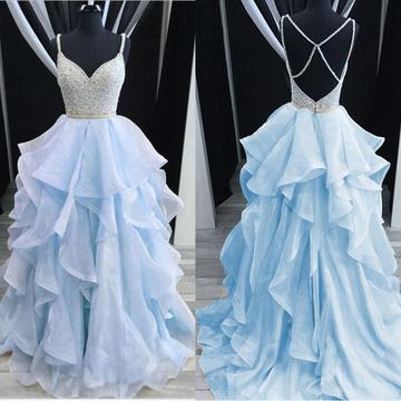 Tiered Beaded Prom Dresses Long Crystals Spaghetti Straps Elegant Blue Prom Gown Vestido De Festa De Longo