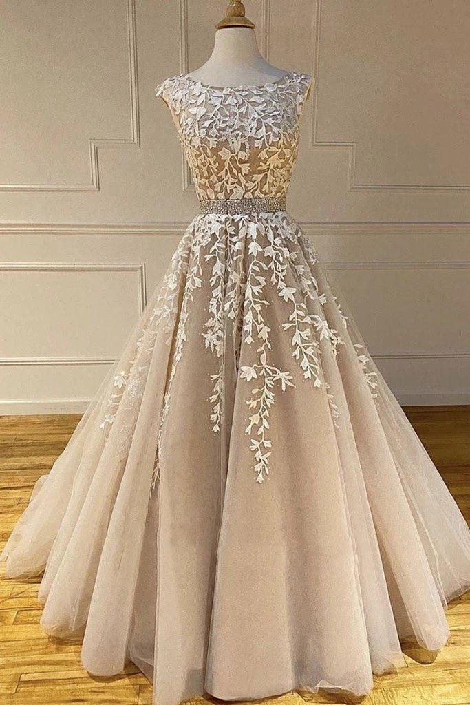 Champagne Lace Applique Prom Dresses Long Robe De Soirée Femme Cap Sleeve Beaded Elegant Real Photo 2024 Prom Gown Robe De Soiree 2023