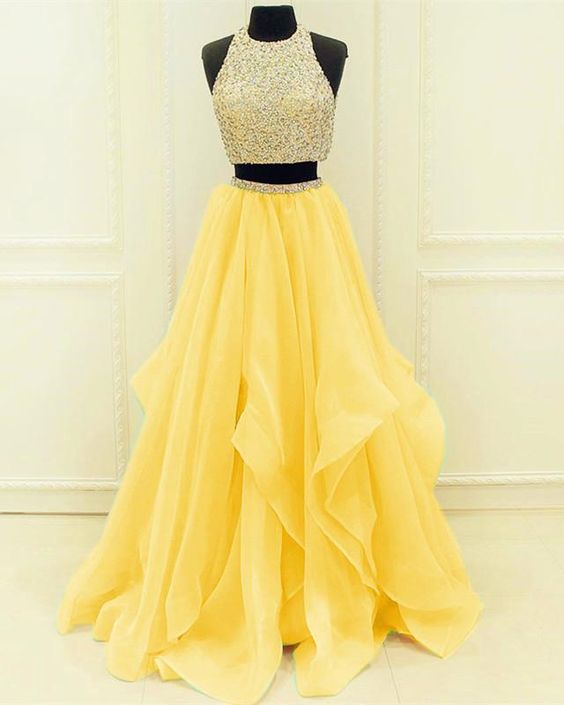 O Neck Prom Dresses Long Robes De Cocktail Sleeveless Beaded Yellow A Line Tiered Tulle Prom Gown Robe De Soiree Vestido De Longo