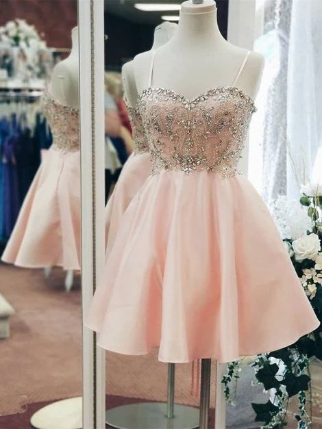 Short Prom Dresses 2023 Pink Spaghetti Straps Beaded A Line Knee Length Crystals Graduation Dresses Vestido De Festa 2024