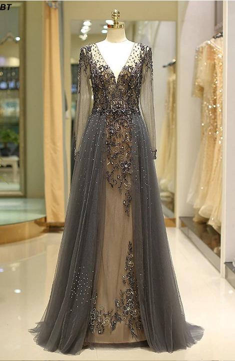 Black Prom Dresses Beaded Crystals A Line Deep V Neck Elegant Modest Elegant Prom Gowns Vestido De Longo