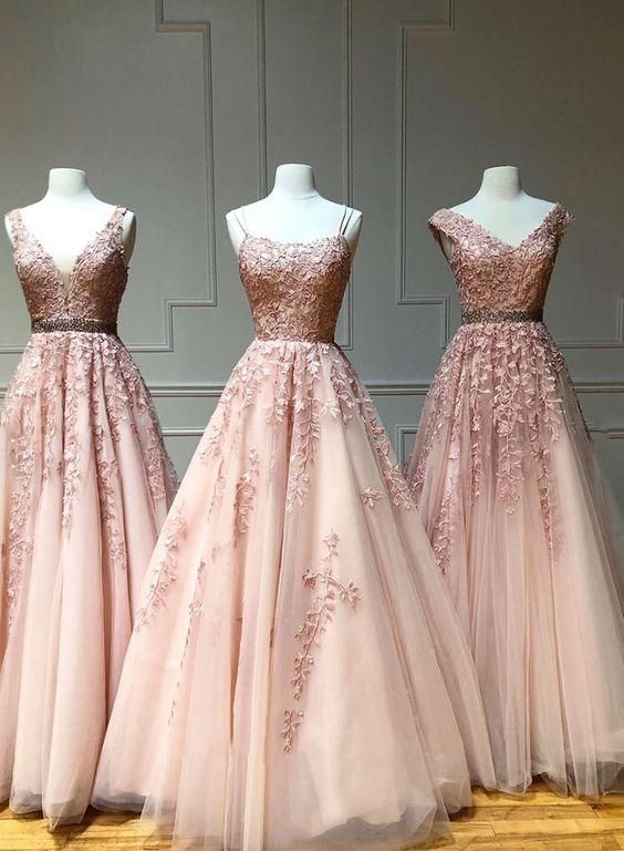 Dusty Pink Prom Dresses Long Lace Applique Elegant A Line Mismatched Beaded Prom Gowns Vestido De Festa De Longo