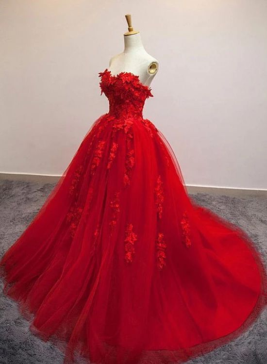 Red Wedding Dresses Ball Gown Lace Applique Floral Elegant Strapless Wedding Gowns Vestido De Noiva