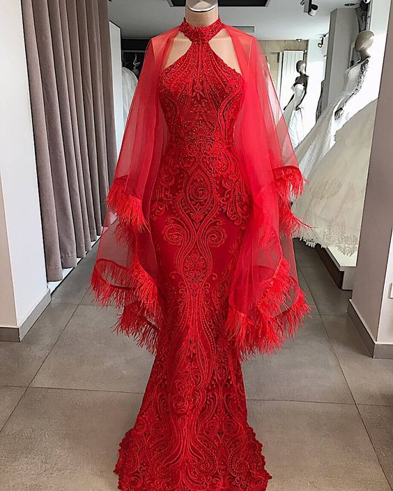 Red Evening Dresses Long Dubai Caftan Fashion Feather Mermaid Modest Evening Gown Formal Dresses Vestidos Casamento