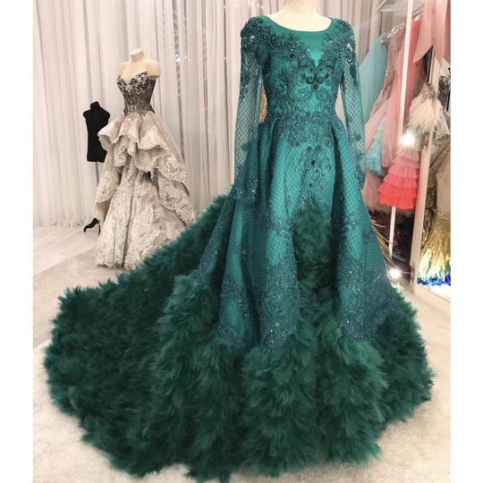 feather green prom dresses long sleeve lace applique vintage elegant beaded luxury prom gown robe de soiree vestido de longo