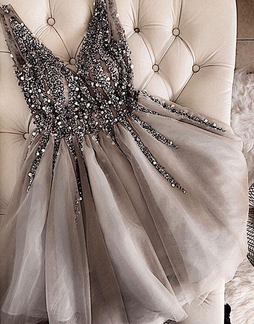 gray prom dresses short v neck beaded sleeveless tulle cheap graduation dresses vestido de festa de curto 2020