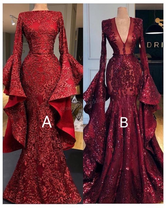 Flare Sleeve Sparkly Evening Dresses Long 2023 Mermaid Burgundy Modest Sexy Formal Dresses Evening Gown Robe De Soiree 2024