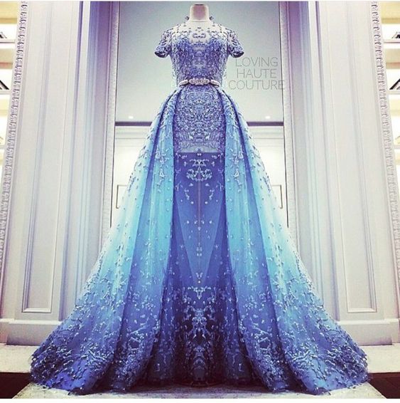 Short Sleeve Blue Prom Dresses 2024 Lace Applique Beaded Detachable Skirt Elegant Sparkly Prom Gown Robe De Soiree 2023