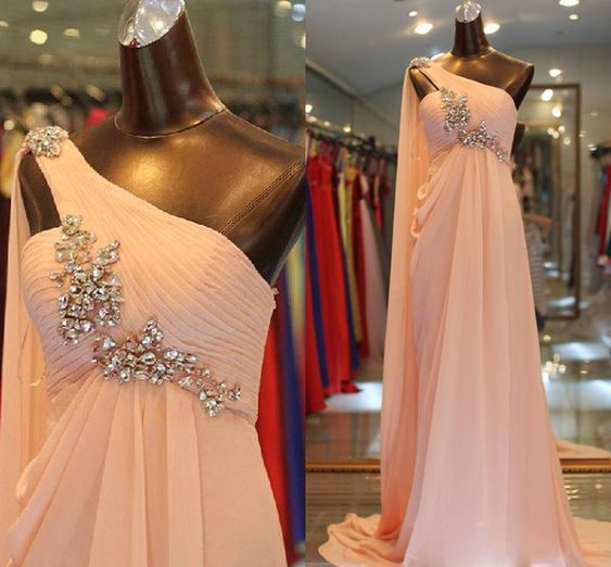 One Shoulder Pink Prom Dresses Long Beaded Chiffon A Line Elegant Crystals Prom Gown Vestido De Longo
