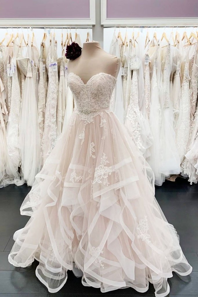 A Line Wedding Dresses For Bride Lace Applique Champagne Sweetheart Neck Elegant Bridal Dresses Vestido De Novia