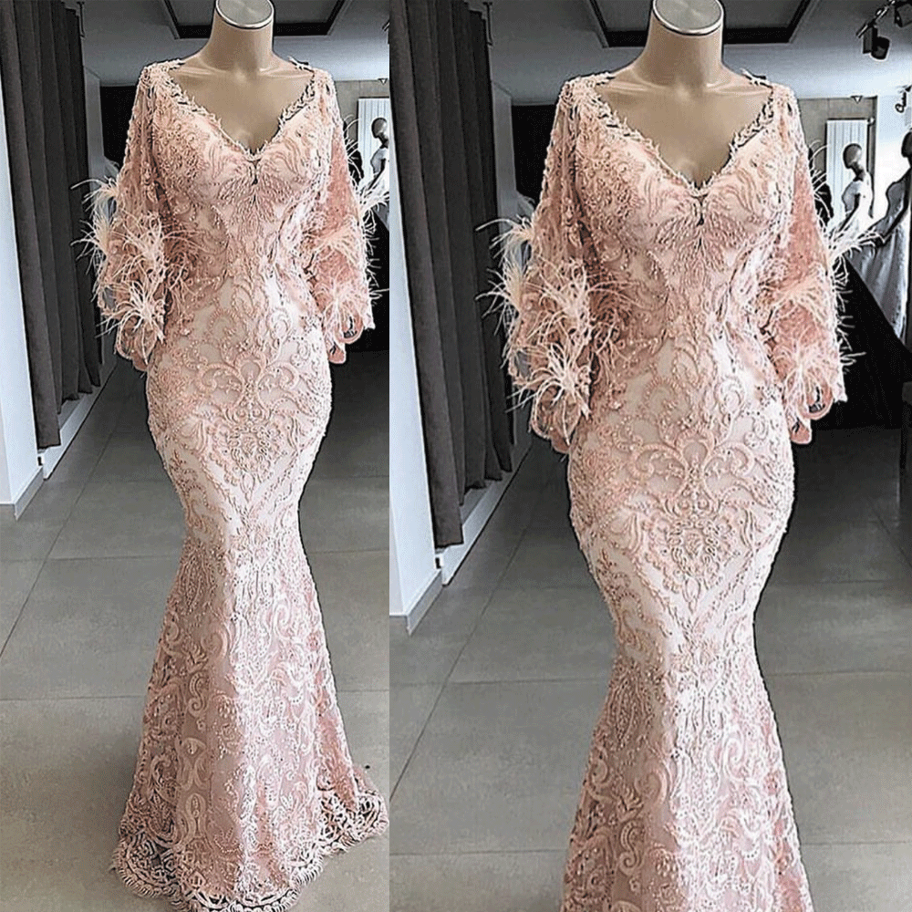 Feather Evening Dresses Long 2024 Pink Lace Applique V Neck Modest Elegant Mermaid Luxury Evening Gown Robe De Soriee 2023