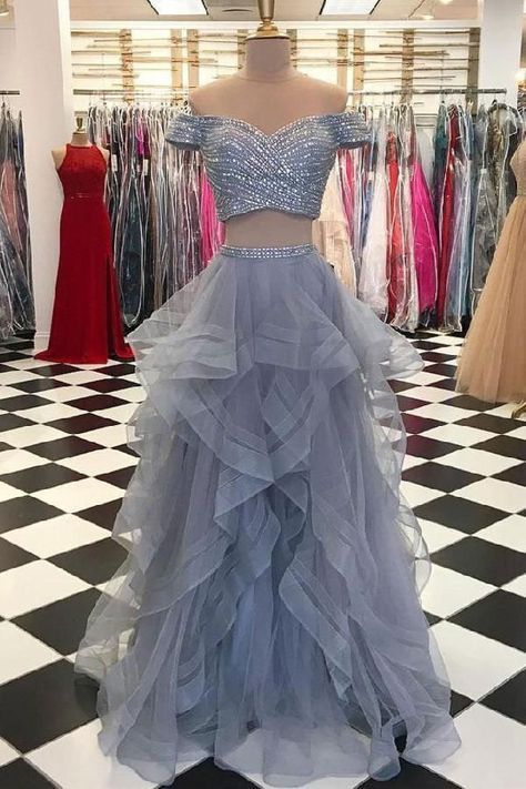 2 Piece Prom Dresses 2023 Off The Shoulder Short Sleeve Beaded Tiered Tulle Elegant Prom Gowns Vestido De Fiesta 2024