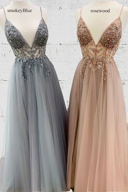 Spaghetti Strap Smokey Blue Prom Dresses Long 2024 Beaded Elegant V Neck Tulle Sexy Prom Gown Vestido De Longo 2023