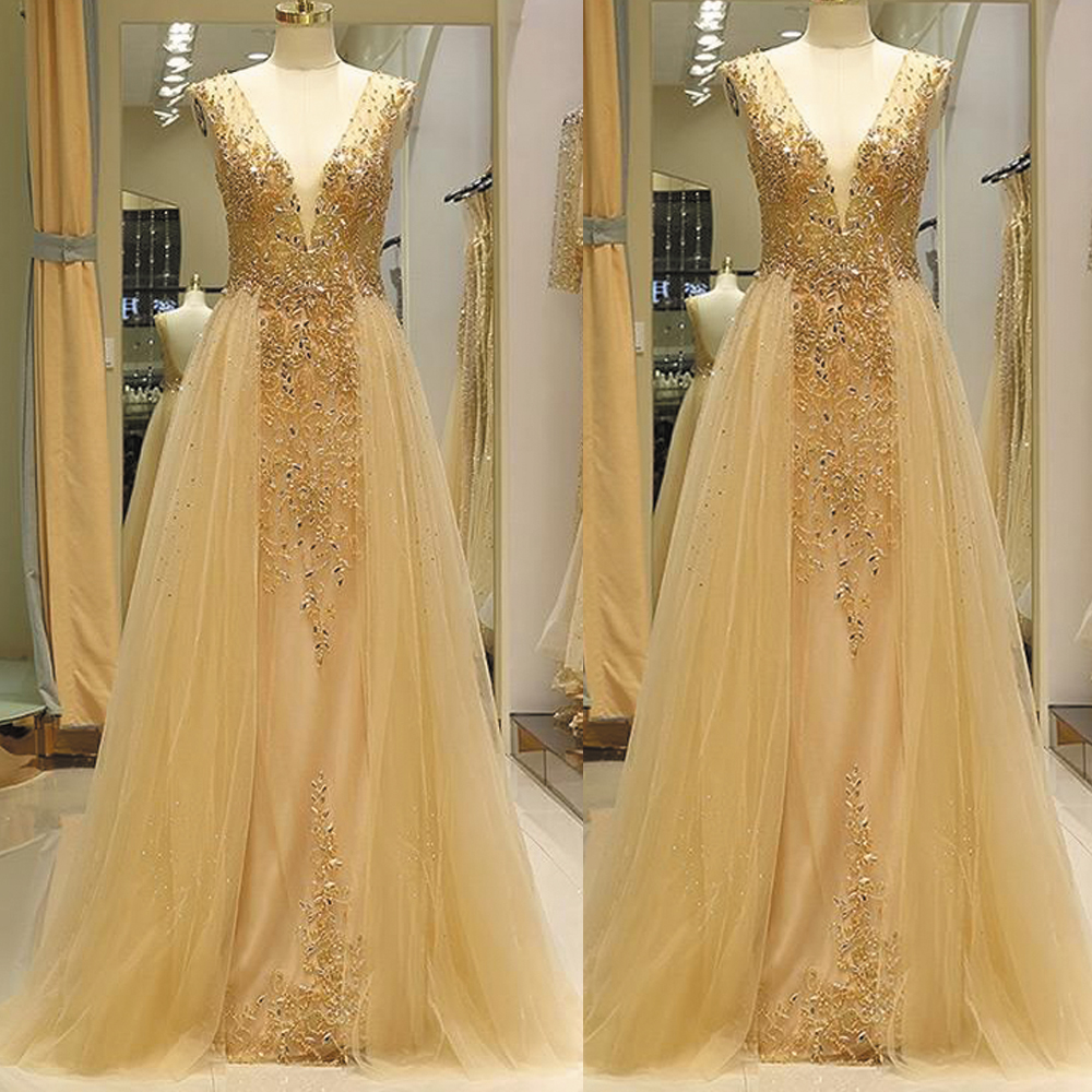 Gold Champagne Prom Dresses Detachable Skirt Beaded Applique Elegant Deep V Neck Prom Gown Vestido De Longo