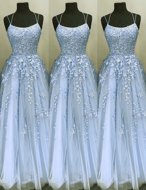 Lace Applique Prom Dresses Spaghetti Strap Elegant Blue A Line Prom Gown 2024 Vestido De Longo 2023