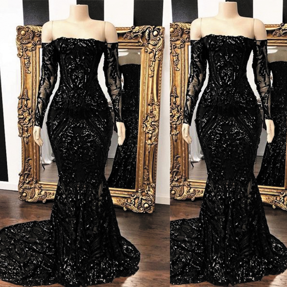 Abendkleider 2023 Black Evening Dresses Long Sleeve Mermaid Modest Sparkly Sequin Applique Modest Sexy Formal Evening Gown 2024 Robe De Soiree