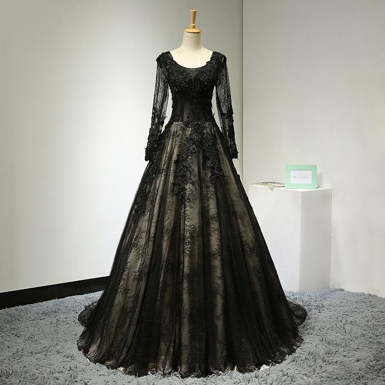 black wedding dresses 2023 long sleeve lace applique beaded elegant vintage a line bridal dresses 2022 robe de mariee